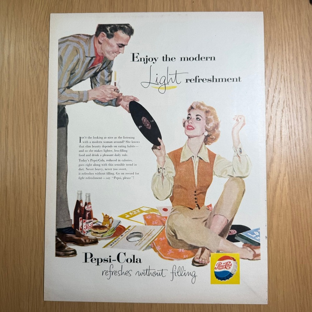 Vintage 1950s Pepsi-Cola Ad Enjoy the Modern Light Refreshment Record Art